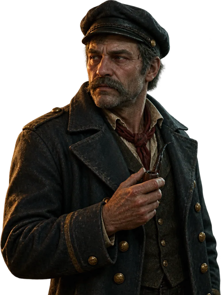 Captain Abner Kell, kumis abu yang tidak rata, pipa dingin di tangan, menatap ke kiri.