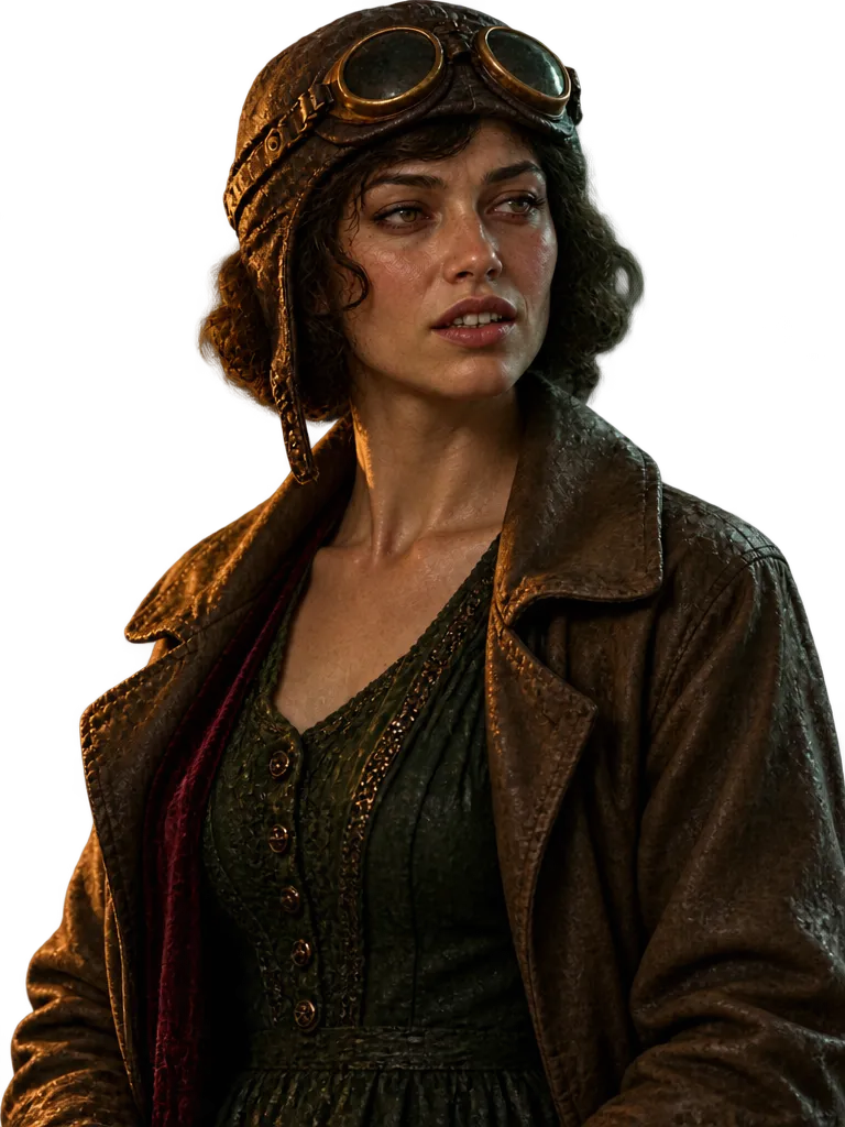 June Calloway, topi pilot kulit dan kacamata terbang, menatap ke kanan.